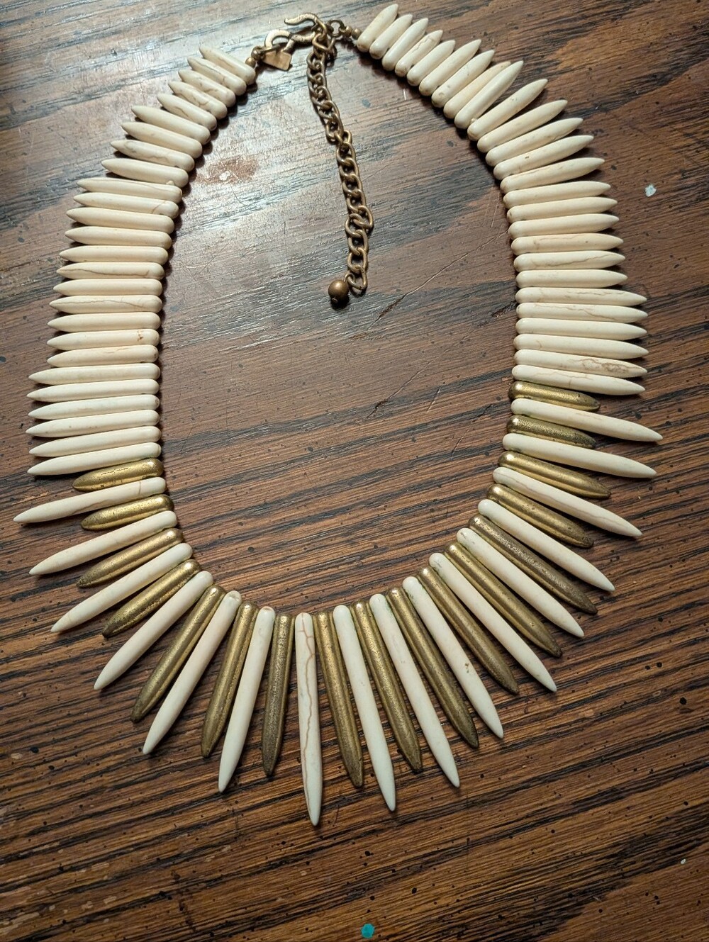 Boho Faux Ivory & Antique Gold Spike Statement Collar Necklace